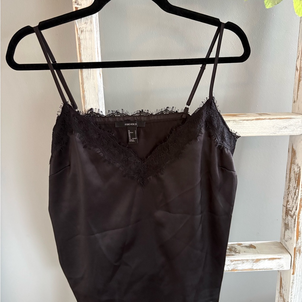 Forever 21 Black Lace-Trim Satin Cami Top